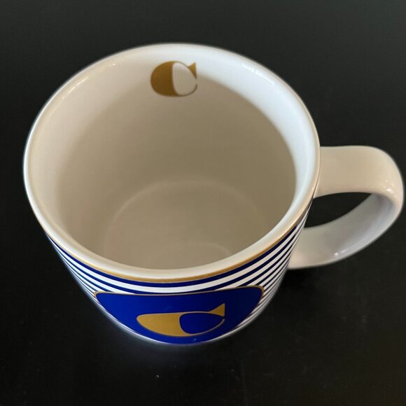 Letter C Monogram Initial Stoneware Mug ~ Blue & White Stripes w/ Gold Accents - Picture 6 of 8